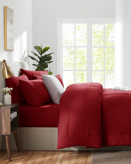 CozyLux Queen Comforter Set Dark Red, 7 Pieces Bed in a Bag, Red Comforter Queen Size, All Season Bedding Sets with Stitch Quilted Comforter, Flat Sheet, Fitted Sheet, Pillowcases