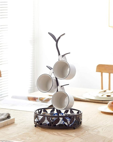 Mug Holder Stand, Countertop Mug Tree, Coffee Pod Holder with Mug Rack, Coffee Counter Bar Accessory & Kitchen Organizer