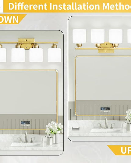 4 Light Gold Light Fixture Bathroom, Brushed Gold Vanity Light with Milky White Frosted Glass Shades, Lights for Bathroom Mirror for Living Room Bedroom Hallway E26 Base