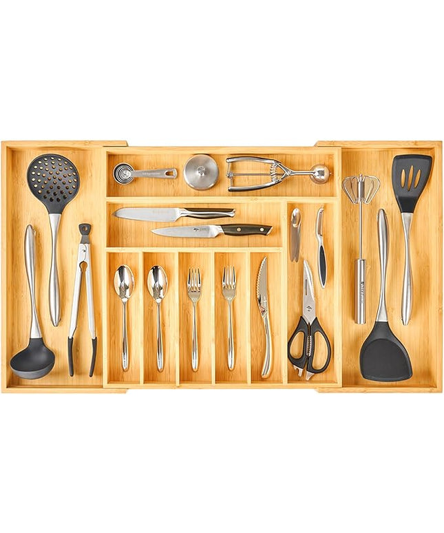 Umilife Extra Large Expandable Kitchen Siverware Utensils Drawer Organizer, 19" Deep for Big Drawer, Adjustable Bamboo Wood Drawer Divider with Curved Grooves, Cutlery Tray Flatware Holder
