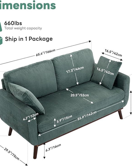 Tbfit 65" Corduroy Love Seat with Spring Cusions, Mid Century Modern Loveseat Sofa for Livingroom & Bedroom, Comfy Upholstered Small Couch