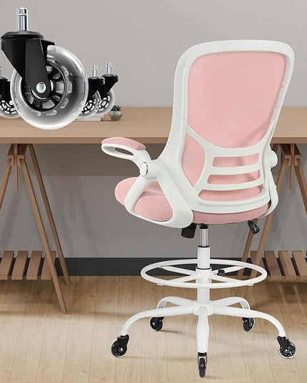 HYLONE Drafting Chair Tall Office, Ergonomic Standing Desk Stool Adjustable Drafting Chair Big Tall Drafting Office Chair Pink