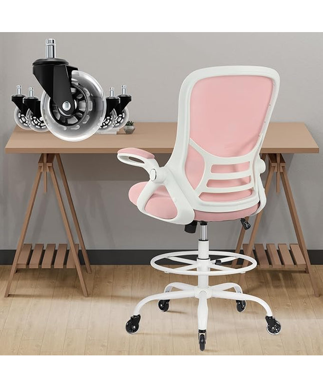 HYLONE Drafting Chair Tall Office, Ergonomic Standing Desk Stool Adjustable Drafting Chair Big Tall Drafting Office Chair Pink
