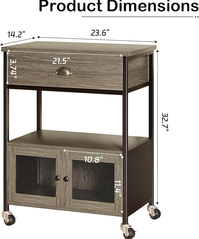 Catrimown Coffee Cart Station, Coffee Stand Station, Small Microwave Stand with Drawer, Movable Farmhouse Coffee Station Table on Wheels for Living Room, Entryway, Dining Room, Kitchen, Wash Grey