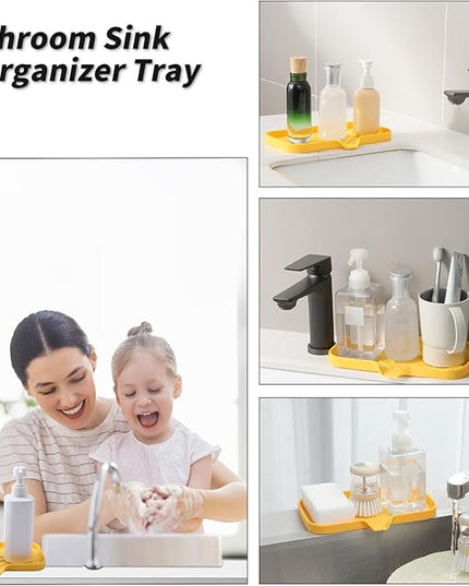 Silicone Bathroom Soap Dishes with Drain Spout-Bathroom and Kitchen Sink Organizer,Sponge Holder,Dish Soap Tray,Perfect for Dispenser,Scrubber,Bottle,Cup on Sink or Counter-Yellow 9.6"×5.3"
