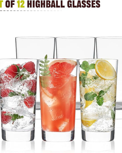 Highball Glasses Set of 12, 13oz Tall Drinking Glasses, Water Glass for Kitchen, Tom Collins Glasses, Mojito Glass Cups, Cocktail Glasses for Bar Glassware