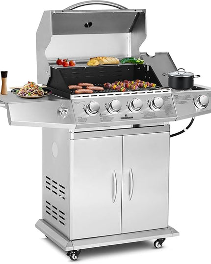 Polar Aurora Propane Gas Grill 4 Burners with Side Burner, Stainless Steel Grill Cart with Wheels for Outdoor Patio Garden Backyard Cooking bbq Grill