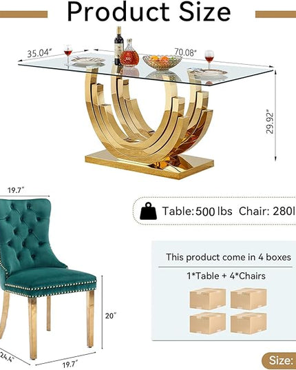 Henf 5-Piece Glass Dining Table Set with 4 Upholstered Dining Chairs,Large Glass Dining Room Table Set for 4, Modern Kitchen Table Furniture for Dining Room, Gold Dining Table and Chair Set for 4