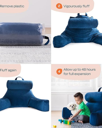 LINENSPA Reading Pillow with Shredded Memory Foam- Back Pillow for Sitting in Bed, Reading, Gaming, Watching TV – Bed Chair Pillow with Arms, Dorm Room Essentials, Navy