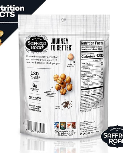 Saffron Road Roasted Sea Salt & Cracked Pepper Crunchy Chickpeas | High-Protein, Vegan, Gluten-Free, Non-GMO, Halal & Kosher Certified Snack | 5.4 oz Resealable Pouch | Pack of 6