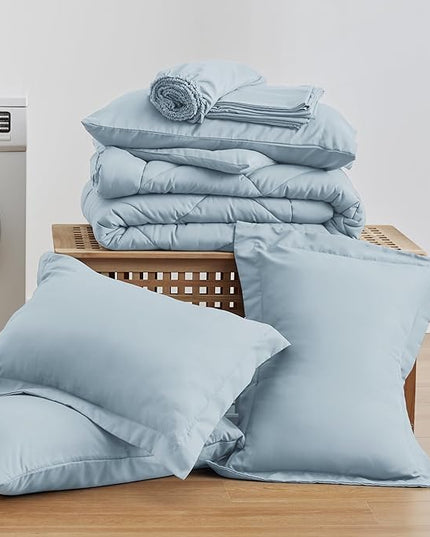 Love's cabin King Size Comforter Set Light Blue, 7 Pieces King Bed in a Bag, All Season Bedding Sets with 1 Comforter, 1 Flat Sheet, 1 Fitted Sheet, 2 Pillowcase and 2 Pillow Sham