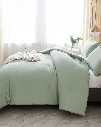 Litanika Queen Comforter Set Sage Green, 3 Pieces Lightweight Comforters Queen Size Solid Bedding Comforters Sets, Down Alternative Comforter Bed Set Quilt Blanket