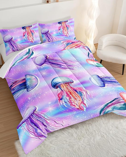 Kawaii Bedding Color Jellyfish Comforter Set Full Size,Rainbow Flash Pattern Comforter for Teens Kids Girls Room Decor,Marine Animal Theme Beach Bedding Set with 2 Pillowcases.