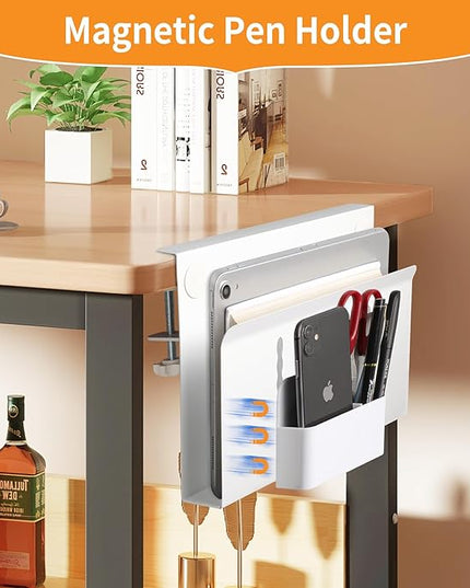 Desk Side Storage Under Desk Laptop Holder, No Drill Hanging Desk Organizer with Pen Holder, Clamp-On Table Side Tray Desktop Organization Mount for Office and Home (White)