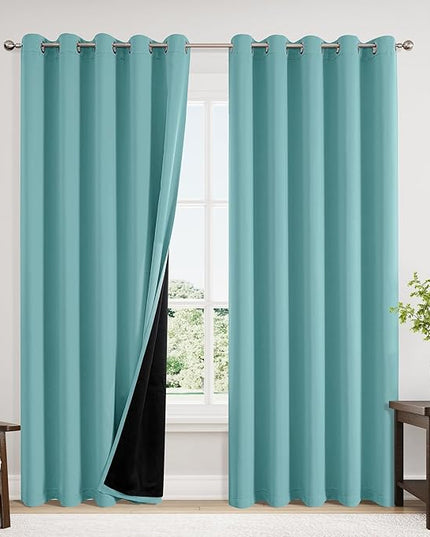 ChrisDowa 100% Blackout Curtains 84 inch Long for Bedroom with Black Liner, Extra Wide 2 Thick Layers Total Blackout Thermal Insulated Grommet Window Curtains 2 Panels Set (Aqua, 60 x 84 Inch)