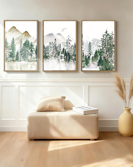 ANHUIB Large Framed Mountain Wall Art Watercolor Forest Landscape Painting Green Nature Prints Art Rustic Wall Decor Set of 3 for Living Room Bedroom Office 16x24 Inch