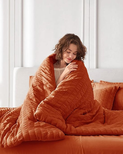 MUXHOMO 5 Pieces Twin Comforter Set, Seersucker Bed in a Bag Twin Size, All Season Luxury Bedding Set with Comforter, Flat Sheet, Fitted Sheet, Pillowcase & Sham, Burnt Orange