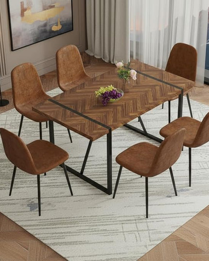 FURNITO 55" Dining Room Table Set for 6, Mid Century Modern Dining Table Set with Upholstered Chairs, Rustic Dark Wood Kitchen Table and Chairs Set for Living Room, Space-Saving & Easy Assembly