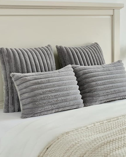 FUTEI Grey Throw Pillow Covers Set of 2, 22x22 Inch Striped Texture Cushion Cases with Soft Faux Rabbit Fur Front & Velvet Back, Modern Decorative Couch Pillows for Living Room