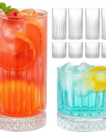 Ruckae Drinking Glasses Set of 8,15 oz and 7 oz Kitchen Water Glass Cups Set,Clear Ribbed Glassware Dishwasher Safe,Mixed Drinkware for Beer,Juice,Cocktail,Whiskey,Milk and Various Mixed Drinks