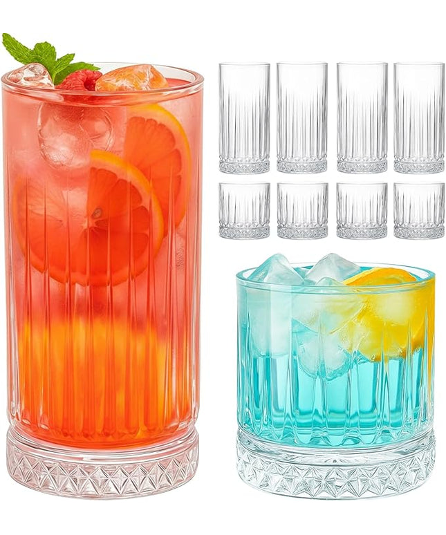 Ruckae Drinking Glasses Set of 8,15 oz and 7 oz Kitchen Water Glass Cups Set,Clear Ribbed Glassware Dishwasher Safe,Mixed Drinkware for Beer,Juice,Cocktail,Whiskey,Milk and Various Mixed Drinks