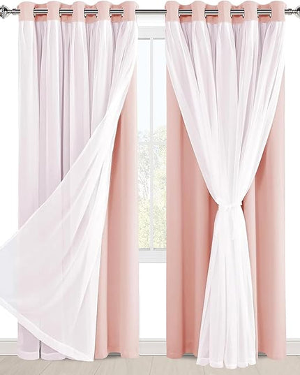 Hiasan Pink Blackout Curtains with Sheer Overlay Thermal Insulated Mix & Match Double Layer Room Darkening Window Curtains for Bedroom Living Room Nursery 2 Panels with Tiebacks (60W X 84L,Blush Pink)