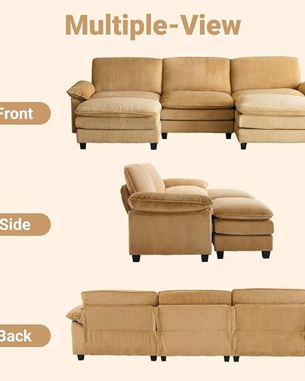 VINGLI 121" L Shape Sectional Couch, Convertible Sectional Couch for Small Living Room,Modern 3-Seat Convertible Loveseat Sofa with 2 Ottoman in Corduroy,Khaki