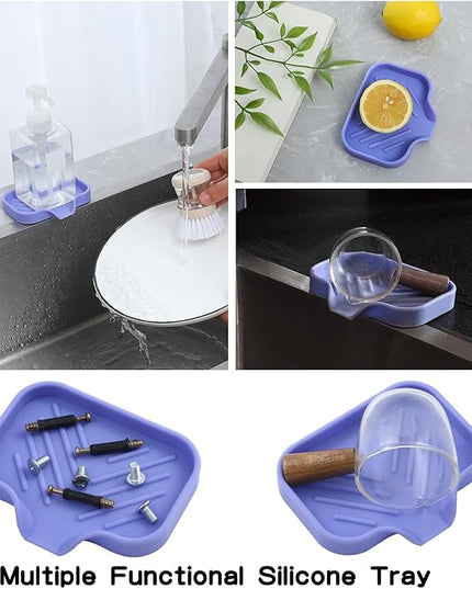 Silicone Bathroom Soap Dishes with Drain Spout-Bathroom and Kitchen Sink Organizer,Sponge Holder,Dish Soap Tray,Perfect for Dispenser,Scrubber,Bottle on Sink or Counter-Light Purple 4.9"×3.2"