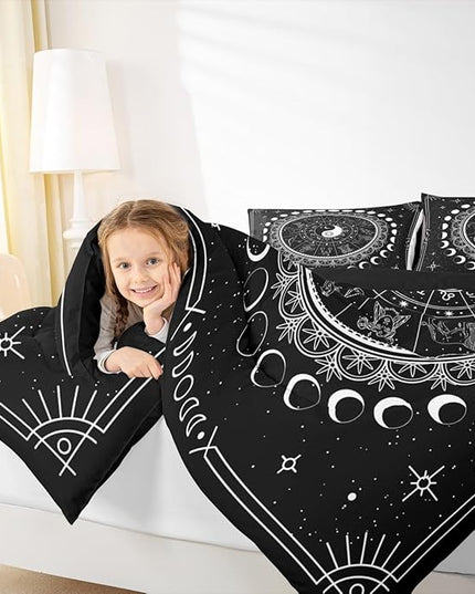 Sun Moon Kids Comforter Set King Size,Starry Sky Galaxy Planet Trippy Bedding Set,Boys Girls Adults Room Decor,12 Constellation Mandala Boho Down Comforter,Black White Duvet Insert,2 Pillowcases
