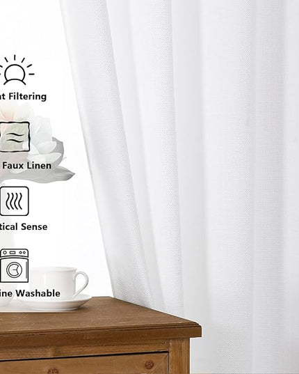 Chyhomenyc White Curtains 84 Inches Long 2 Panels Set, Light Filtering Faux Linen Textured Soft Airy Window Curtains for Living Room Bedroom, Thick Modern Privacy Grommet Drapes, 50Wx84L, 2PCS