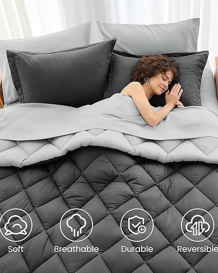 MUXHOMO 7 Pieces King Comforter Set, Reversible Bed in a Bag King Size, All Season Bedding Set with Comforter, Flat Sheet, Fitted Sheet, Pillowcases & Shams, Dark Grey & Light Grey