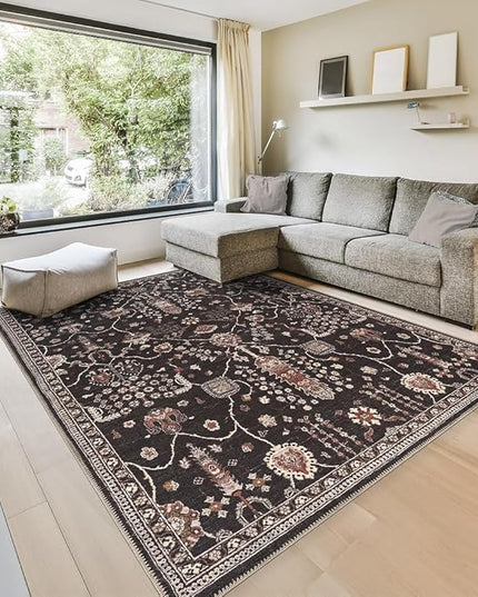 GLN Rugs Bohemian Collection - Machine Washable Area Rug, Bohemian Vintage, Non Slip, Low Pile Chenille Rug, Living Room, Bedroom, Bathroom Rug (9'x12' Black)