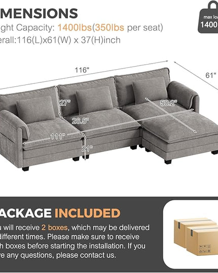 ELUCHANG 113" Modular Sectional Sofa, Comfy Cloud Couch, L Shaped Deep Seat Sofa Couches for Living Room, 4-Seater Modern Sofa with Movable Ottoman, DIY Combination - Chenille Light Grey