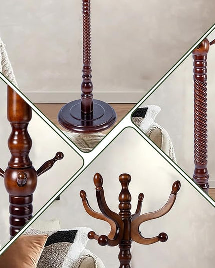 73" Wooden Coat Rack Stand,Coat Racks Freestanding With 11 Hooks And Solid Round Base Heavy Duty Adjustable Height Hall Tree Coat Rack for Entryway Hallway Foyer Office Bedroomf (Antique Color)