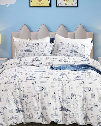 CLOTHKNOW Kids Comforter Set Twin/Twin XL 3Pcs Cartoon Vehicle Bedding Comforter Sets Blue White Comforter Boys Bedding Twin Tank Aircraft Pattern