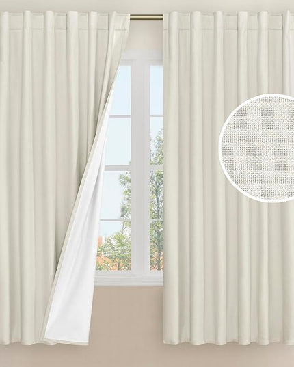 LAMIT 100% Blackout Natural Linen Curtains, 63 Inches Linen Textured Thermal Bedroom Curtains Back Tab and Rod Pocket Neutral Panels with White Liner for Farmhouse, 2 Panels, 52 x 63 Inch, Ivory