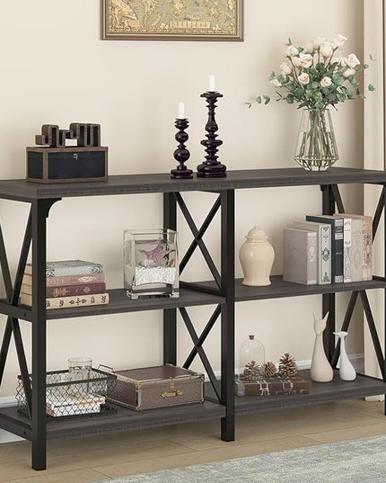 IBF Long Console Table, Industrial Entryway Table with Storage Shelves, Modern Metal Wood Sofa Table Behind Couch, Farmhouse 3 Tier Foyer Hallway Table for Entry Living Room, Dark Gray Oak, 63 in