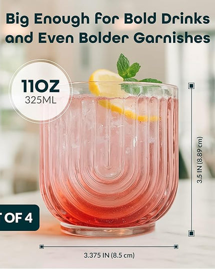 Glaver's Vintage Glassware Art Deco Glasse Ribbed Drinking Glasses U-Shape Arch Design Colored Cocktail Kitchen Tumblers Everyday Dinner Decorative Party (Pink S/4 11oz)