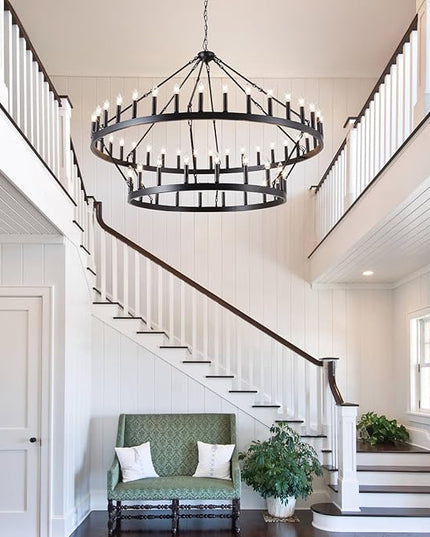 60-Inch Black Extra Large Wagon Wheel Chandelier, 2 Tier 54-Light Farmhouse Chandeliers Industrial Round High Ceiling Pendant Light for Dining Room, Living Room, Entryway, E12