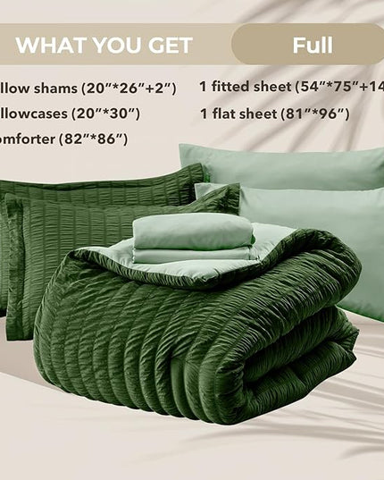 HYMOKEGE Dark Green/Sage Green Full Size Comforter Sets Seersucker 7 Pieces, All Season Luxury Bed in a Bag for Bedroom, Bedding Set with Comforter, Sheets, Pillowcases & Shams