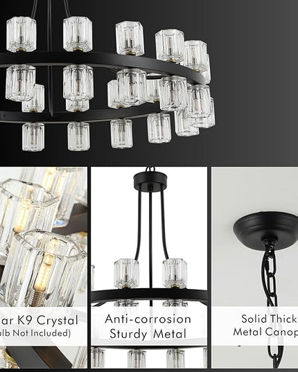 36" Wagon Wheel Chandelier Black Wagon Wheel Chandelie with Crystal Shade,Modern Style, Ideal for Dining Room, Kitchen, Entryways,36-Lights