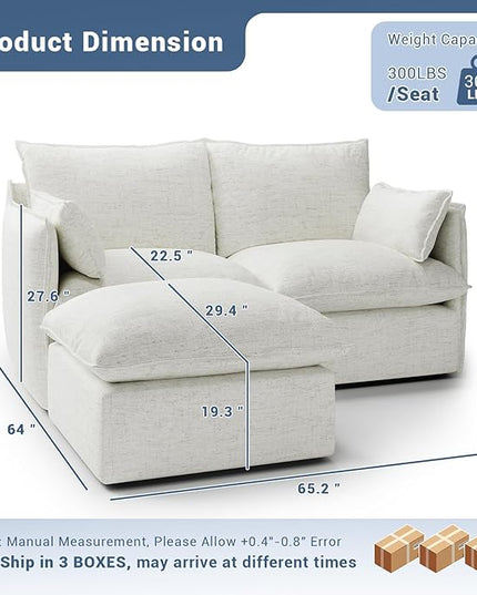 Cloud Modular Sectional Sofa, Waterproof Down Filled Sectional Sofa, High Backrest Loveseat Couch with Ottoman, Modern Modular Couch with Removable Cover, Cream White