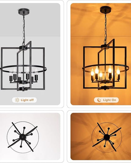 6-Light Black Chandelier, 17.72“ Geometric Dining Room Light Fixture, Large Modern Chandelier, Hanging Industrial Metal Chandelier for Foyer Entryway Kitchen Hallway Living Room