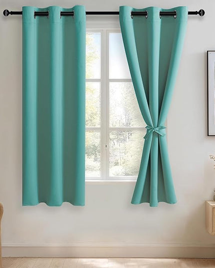 JIUZHEN Blackout Curtains with Tiebacks - Thermal Insulated, Light Blocking and Noise Reducing Grommet Curtain Drapes for Bedroom and Living Room, Set of 2 Panels, Turquoise, 42 x 63 Inch Length