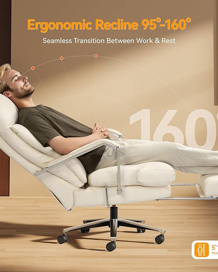 Reclining Office Chair with Footrest - 25.6" Wide Seat & Adjustable Seat Depth, Big and Tall High Back Leather Executive Home Office Desk Chair 400lbs, Cream
