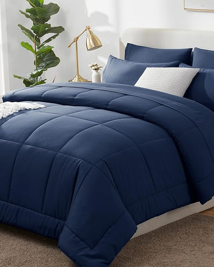 CozyLux Oversized King Comforter Sets Navy Blue, 7 Pieces Bed in a Bag, Ultra-Soft All Season Bedding Sets with Stitch Quilted Comforter, Flat Sheet, Fitted Sheet, Pillowcases, Navy Blue