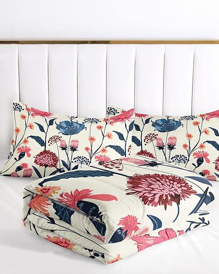 AILONEN Retro Flowers Comforter Set Queen Size, Watercolor Pink Blue Flowers Pattern Bedding Set,Spring Colorful Plants Theme Quilt Set Bedroom Decor 3Pcs(1 Comforter + 2 Pillowcases)