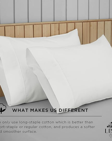 Linen Home 500 Thread Count King Pillowcase Set | 100% Long-Staple Cotton Pillow Cases | Soft & Smooth Luxury Satin Set of 2 Pillowcases | 4 Inch Z Hem | White