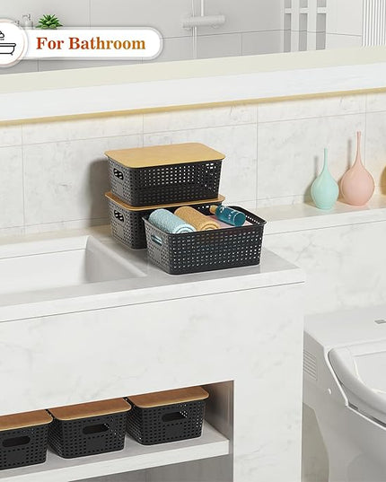 Plastic Storage Baskets With Bamboo Lid - Plastic Storage Containers Stackable Storage bins: Storage Baskets for Organizing Shelves Drawers Desktop Closet Playroom Classroom Office, 6 Pack