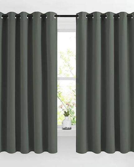 NICETOWN Blackout Bedroom Curtains 66 inches Long, Grommet Light Reducing Thermal Window Treatments Solid Room Darkening for Living Room, Set of 2, W66 x L66, Dark Mallard